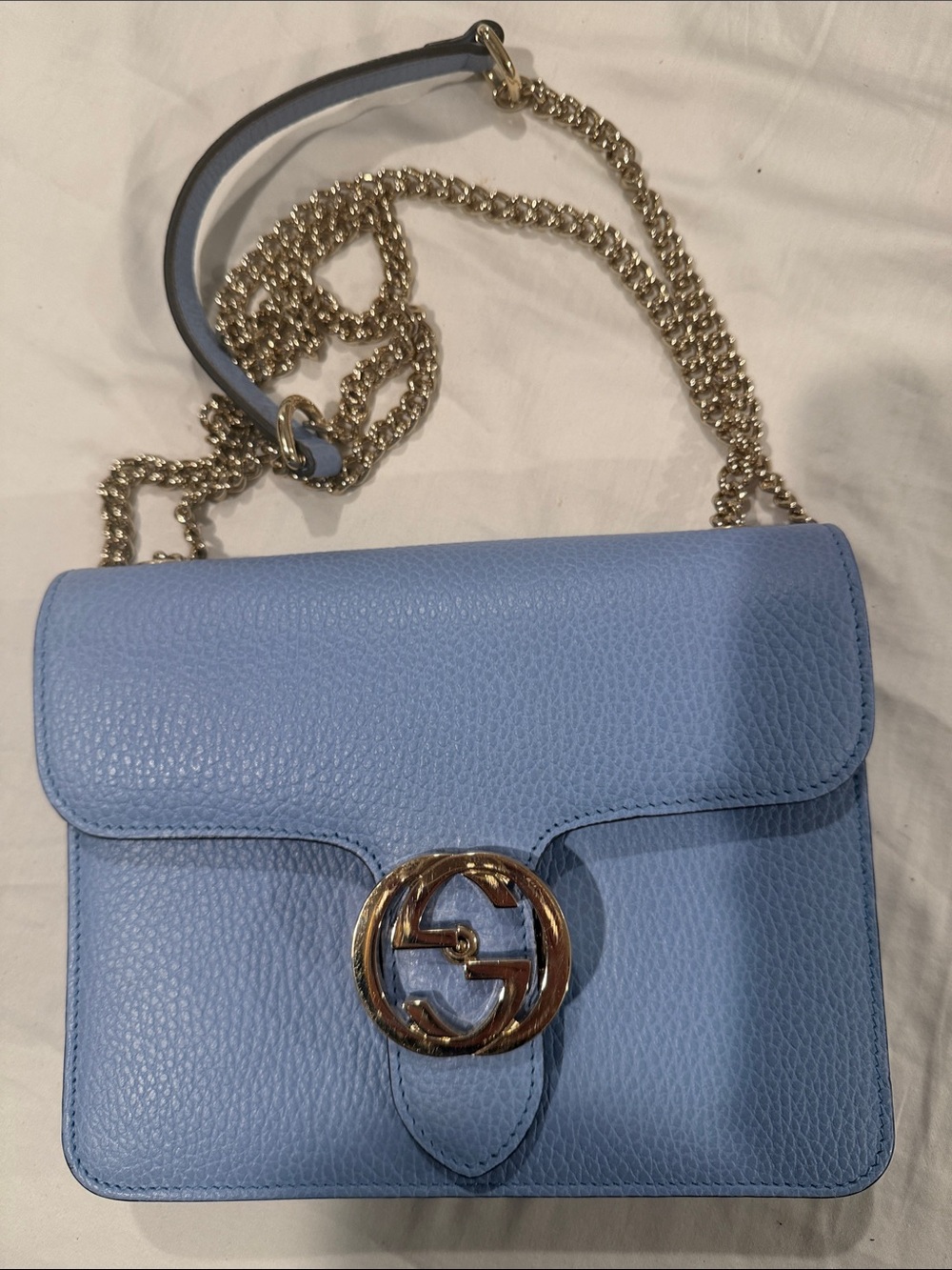 Gucci Baby Blue Leather Interlocking Chain Crossbody Bag